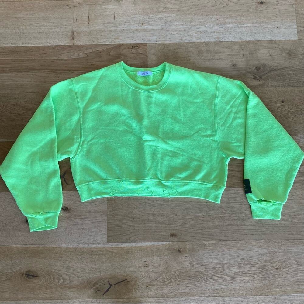 Danzy Design Studio Cropped Distressed Sweatshirt in Lime Green